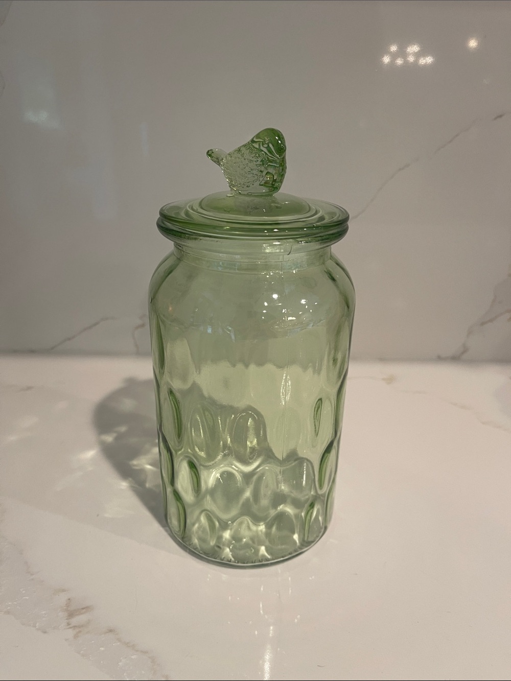 Translucent Light Green Glass Canister with Bird Lid